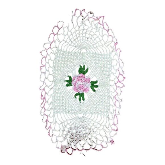 Vintage Handmade 15” Crochet Pink Green White Doily Rose Cottagecore Grandmacore - Picture 2 of 9